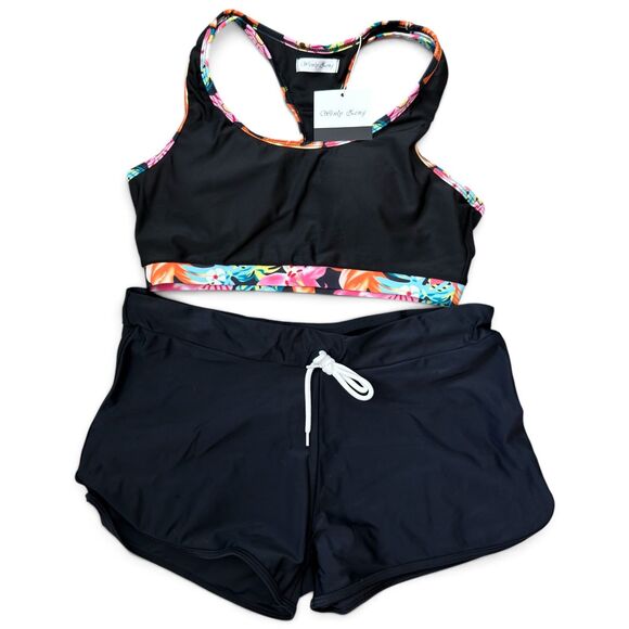 Wenly Zeng Other - black tankini swimsuit set racerback top high waisted shorts s/m sporty color